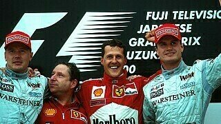 2000 Zum ersten Mal seit 1979 gewann ein Ferrari-Pilot die Fahrer-WM. Mit einem Sieg vor seinem Titelrivalen Mika Häkkinen sicherte sich Michael Schumacher seinen dritten WM-Titel und den 1. mit Ferrari!, Foto: Sutton