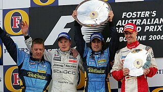 Auf dem Podest ergab sich 2006 die Konstellation Alonso, Räikkönen, Schumacher. Zumindest in dieser farblichen Zusammensetzung wird sich das in diesem Jahr nicht mehr ergeben., Foto: Sutton