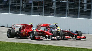 As: "Die beiden großen Rennställe haben einander in Montreal ein Duell geliefert. Es gewann der Pole-Mann Hamilton und dahinter Button mit dem stärksten Auto im Augenblick. Aber Fernando Alonso und Ferrari sind zurückgekehrt.", Foto: Sutton
