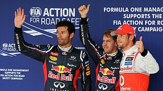 Vettel gegen Webber: Weltmeister Sebastian Vettel ließ mit der Poleposition in Suzuka natürlich auch seinen Stallgefährten hinter sich. Der Heppenheimer war letzten Endes um rund dreieinhalb Zehntelsekunden schneller als sein hauseigener Konkurrent, der unmittelbar hinter ihm auf der zweiten Startposition landete. Erwies sich Vettel freitags noch als der schnellere der beiden Red-Bull-Schützlinge, manifestierte Webber am Samstagmorgen die beste Rundenzeit. Damit setzte er vor der Qualifikation erstmalig ein Zeichen, doch dieses blieb ohne großartige Wirkung. Der aktuelle Gesamtstand: 9:6., Foto: Sutton