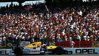 1992: Nigel Mansell triumphierte in seiner Über-Saison auch in Hockenheim. Der Brite siegte vor Ayrton Senna und Michael Schumacher., Foto: Sutton