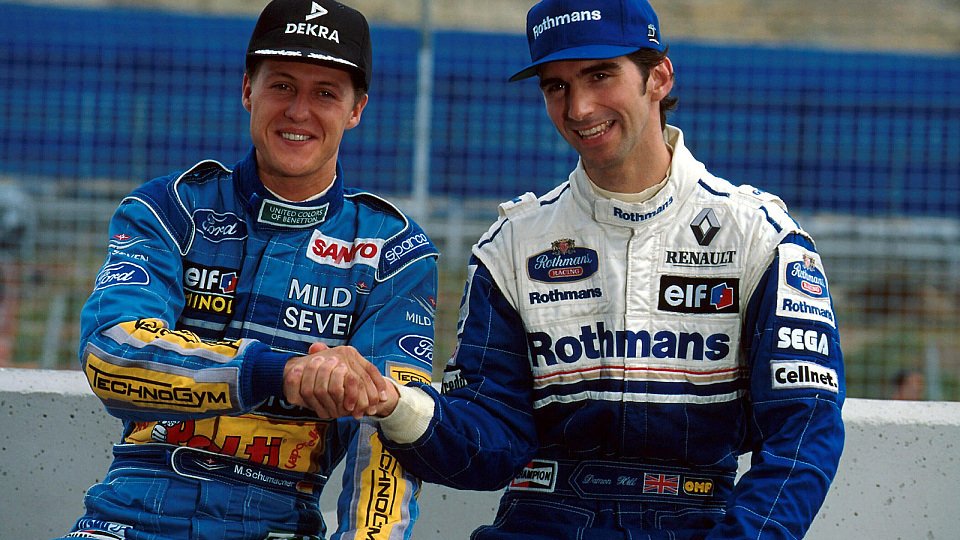 Das Bild trügt: Michael Schumacher und Damon Hill waren noch nie die dicksten Freunde, Foto: Sutton