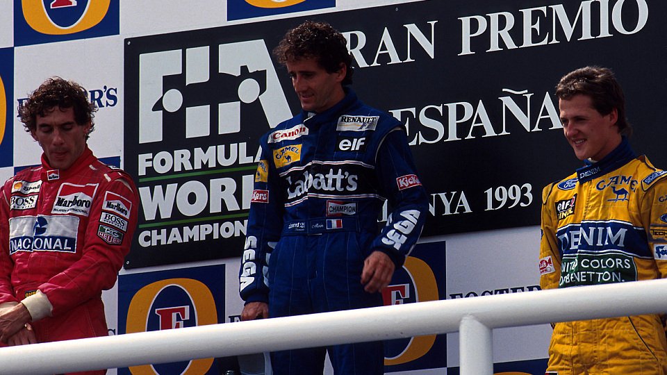 Legenden-Podium 1993 in Barcelona: Senna, Prost, Schumacher, Foto: Sutton