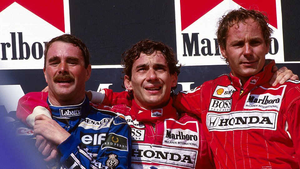 Das waren noch Zeiten: Das F1-Siegerpodest 1992 in Ungarn: Senna gewann vor Mansell und Gerhard Berger., Foto: Sutton