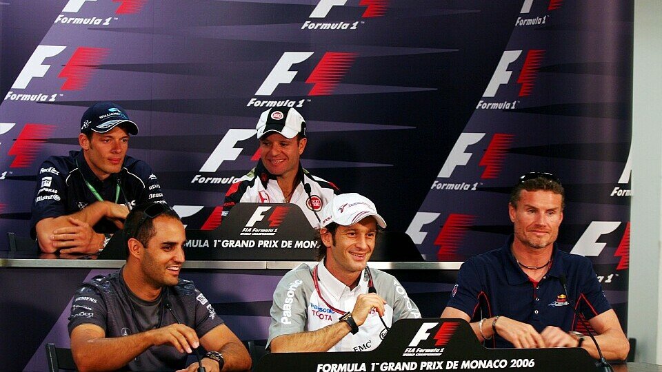 Montoya, Trulli und Coulthard sowie Wurz und Barrichello bei der FIA-PK., Foto: Sutton