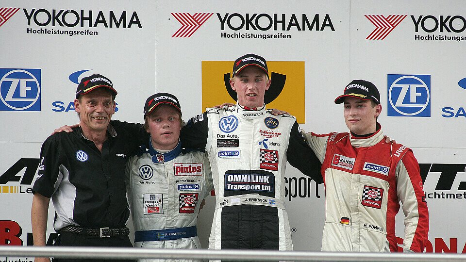 Das Podium nach dem 2. Rennen mit Rosenqvist Sieger Eriksson und Pommer, Foto: Formel 3 Cup