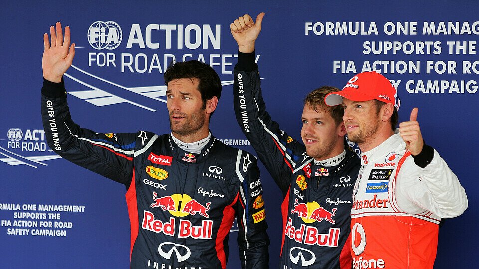 Die Dreisten Drei: Am Ende konnte sich Webber vor Button aber hinter Vettel platzieren, Foto: Sutton