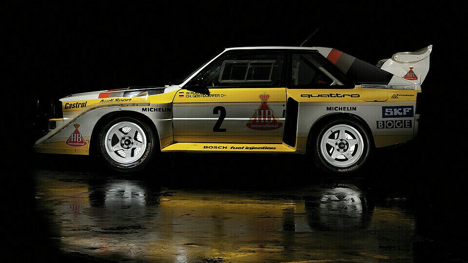 Die vordere 'Schneepflugschürze' und der mächtige Heckflügel wurden zum Wahrzeichen des Sport quattro S1, der 1985 auf der Marlboro Rallye in Argentinien debütiert, Foto: Audi