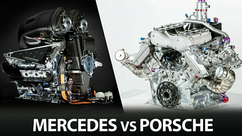 Links: Die Mercedes Power Unit 2015, rechts der Verbrennungsmotor des Porsche 919 Hybrid, Foto: Mercedes/Porsche