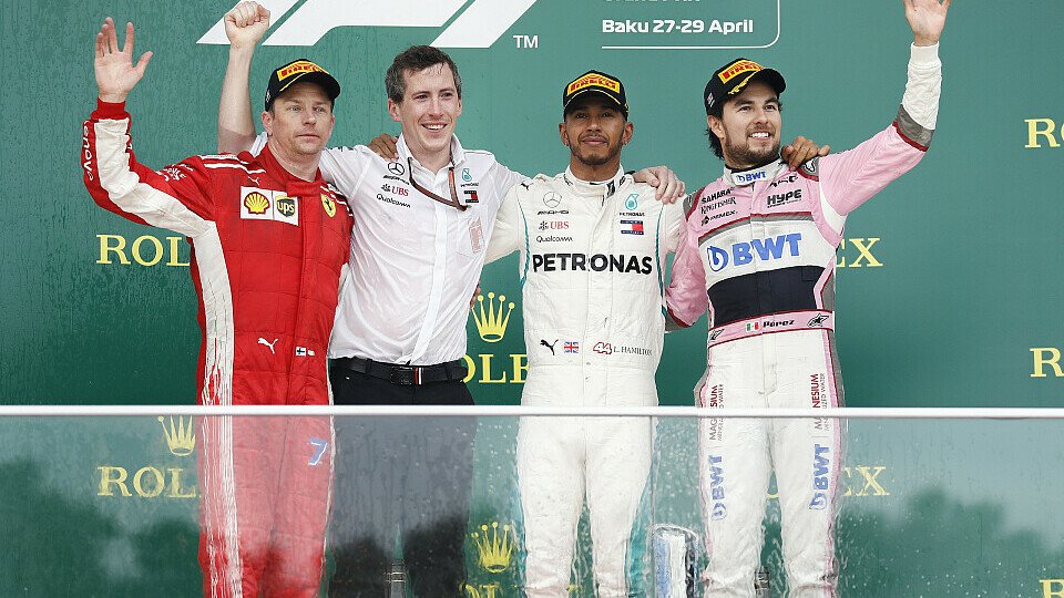 Formel 1 in Baku 2018 - das Podium: Hamilton, Räikkönen, Perez, Foto: LAT Images