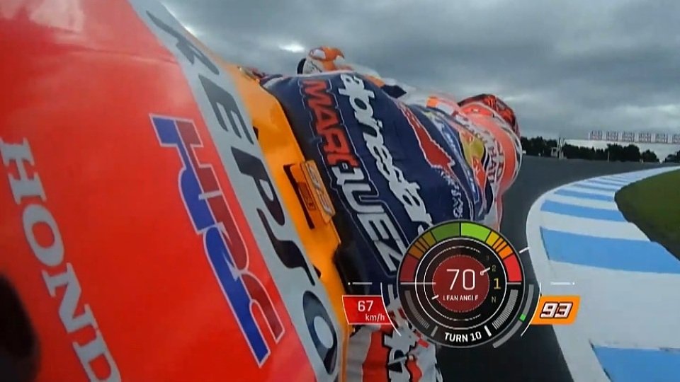 Marc Marquez erreichte bei seinem Save 70 Grad Schräglage, Foto: Screenshot/MotoGP