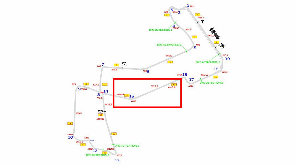 Der Streckenverlauf des Marina Bay Street Circuits in Singapur. Im neuen Streckenabschnitt gibt es keine DRS-Zone.