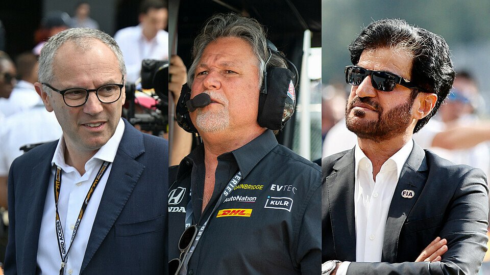 F1-CEO Stefano Domenicali, Andretti-Teamchef Michael Andretti und FIA-Präsident Mohammed Ben Sulayem