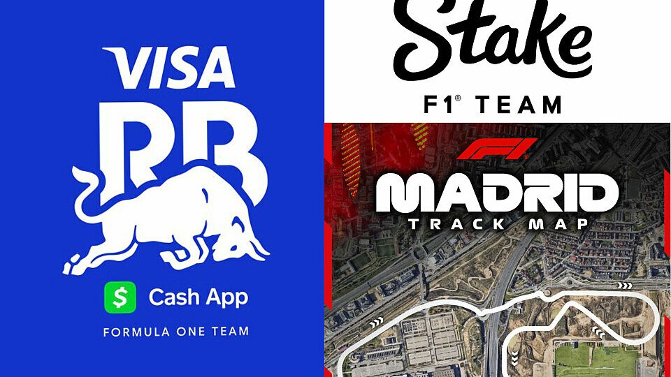 Die Logos von Visa Cash App F1, Stake F1 und die Streckenkarte von Madrid