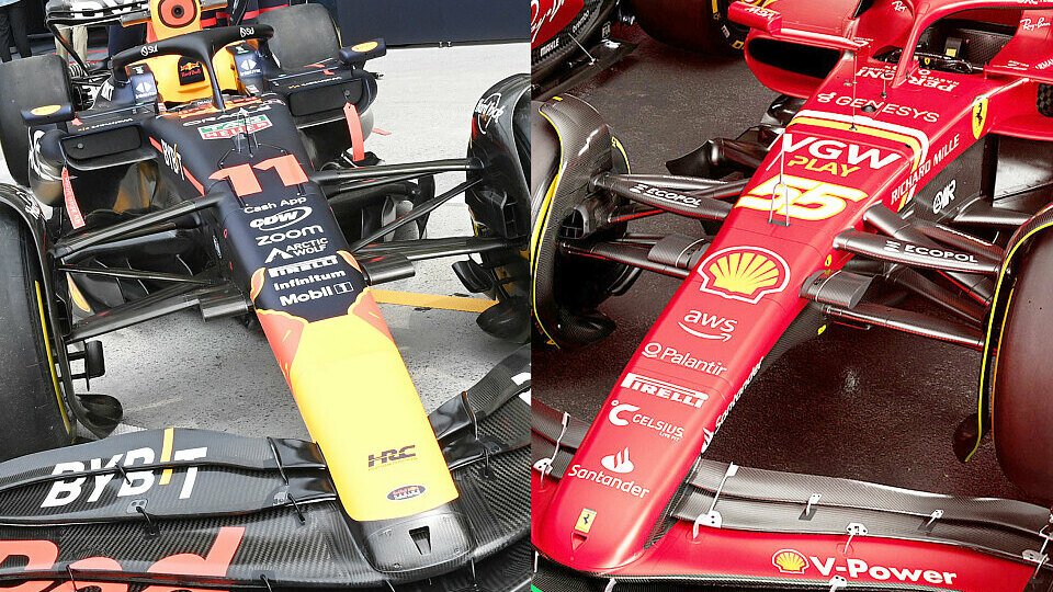 Die Vorderachsen von Red Bull links und Ferrari rechts im Vergleich