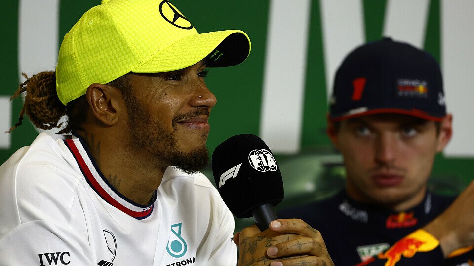 Lewis Hamilton (Mercedes) und Max Verstappen (Red Bull) bei der Pressekonferenz nach dem Mexiko-City-GP.