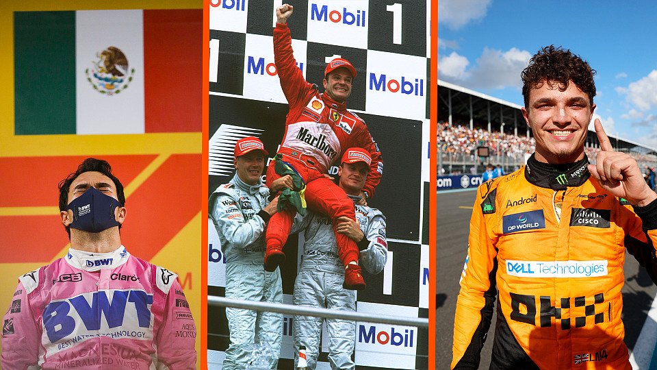 Sergio Perez, Rubens Barrichello und Lando Norris feiern ihren ersten Sieg.