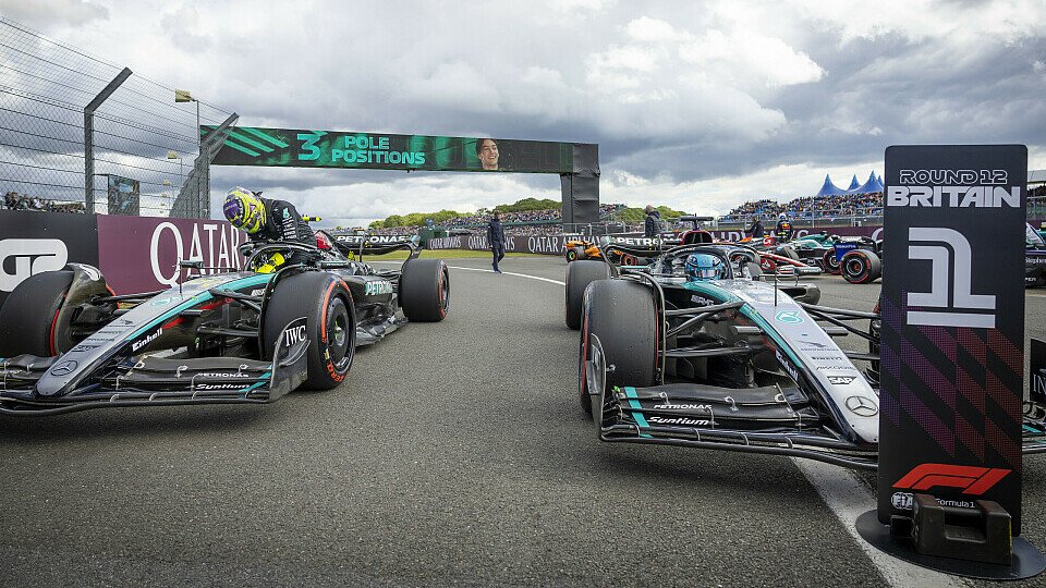 Second-placed Lewis Hamilton and pole-setter George Russell (both Mercedes) in the Parc Ferme Second-placed Lewis Hamilton and pole-setter George Russell (both Mercedes) in the Parc Ferme
