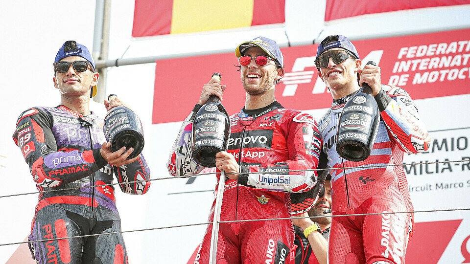 Jorge Martin, Enea Bastianini und Marc Marquez auf dem Podium in Misano