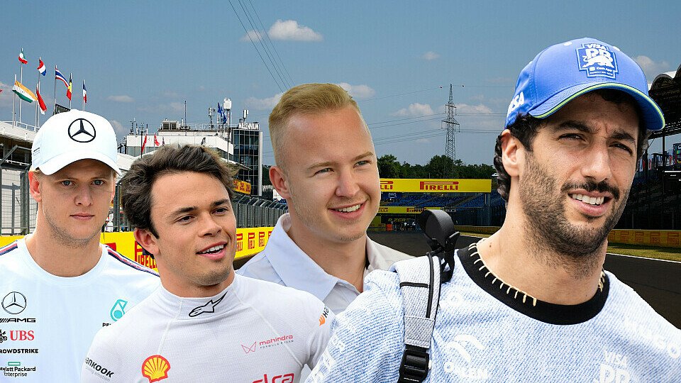 Fotomontage mit Mick Schumacher, Nyck de Vries, Nikita Mazepin und Daniel Ricciardo. Im Hintergrund der Hungaroring (Ungarn)