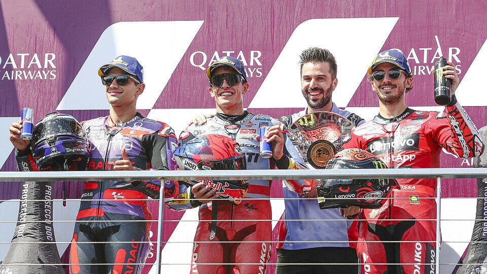 Marc Marquez, Gresini Racing, Jorge Martin, Pramac Racing und Francesco Bagnaia, Ducati Team auf dem Podium