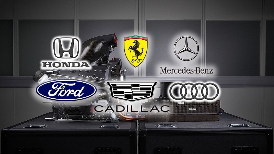 Die Logos der F1-Motorenhersteller Honda, Ferrari, Mercedes, Ford, Cadillac und Audi 