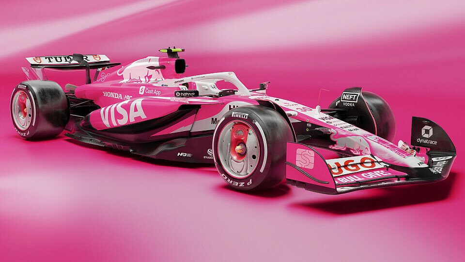 Der Racing Bulls VCARB 02 vor gerendertem pinken Hintergrund mit einer komplett neuen pink-weißen Spezial-Lackierung Der Racing Bulls VCARB 02 vor gerendertem pinken Hintergrund mit einer komplett neuen pink-weißen Spezial-Lackierung