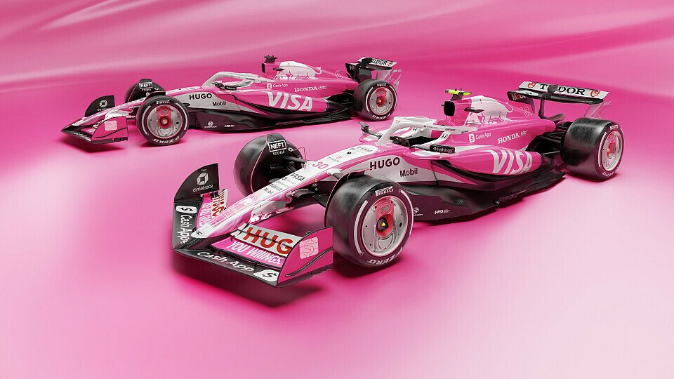 Der Racing Bulls VCARB 02 vor gerendertem pinken Hintergrund mit einer komplett neuen pink-weißen Spezial-Lackierung Der Racing Bulls VCARB 02 vor gerendertem pinken Hintergrund mit einer komplett neuen pink-weißen Spezial-Lackierung
