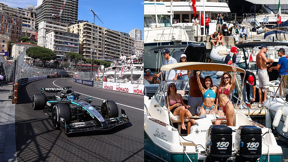 Bildmontage vom Monaco-GP 2025; Links: George Russell im Mercedes; Rechts: F1-Fans auf einer Yacht Bildmontage vom Monaco-GP 2025; Links: George Russell im Mercedes; Rechts: F1-Fans auf einer Yacht