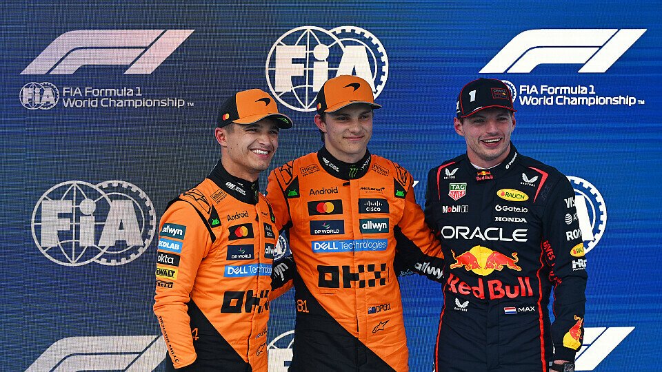 Qualifying Top-3 mit Lando Norris, Polesetter Oscar Piastri (beide McLaren) und Max Verstappen (Red Bull) Qualifying Top-3 mit Lando Norris, Polesetter Oscar Piastri (beide McLaren) und Max Verstappen (Red Bull)