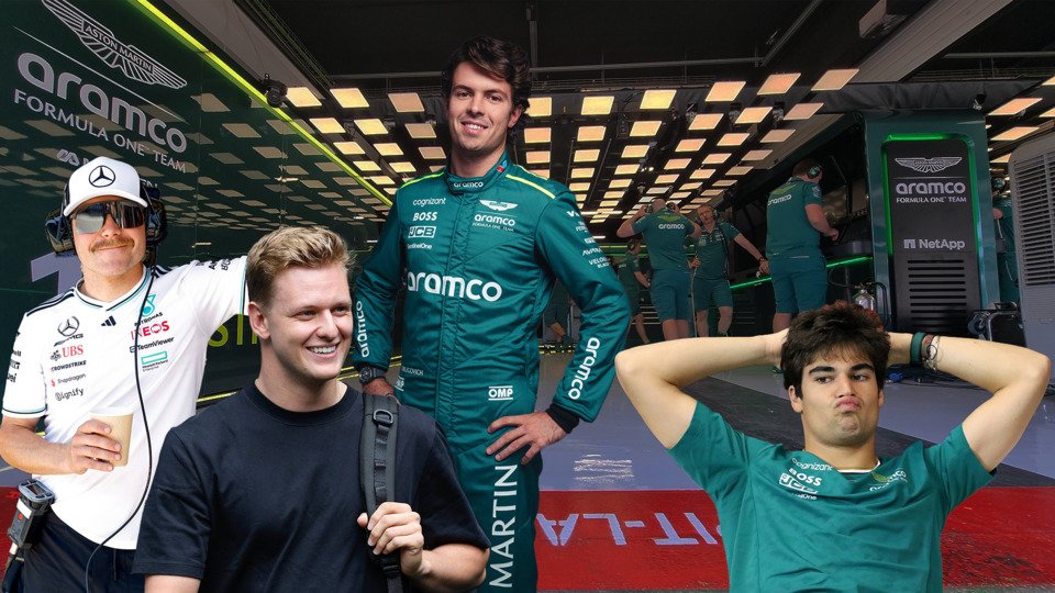 Bildmontage mit Valtteri Bottas, Mick Schumacher, Felipe Drugovich und Lance Stroll in der leeren Aston-Martin-Garage