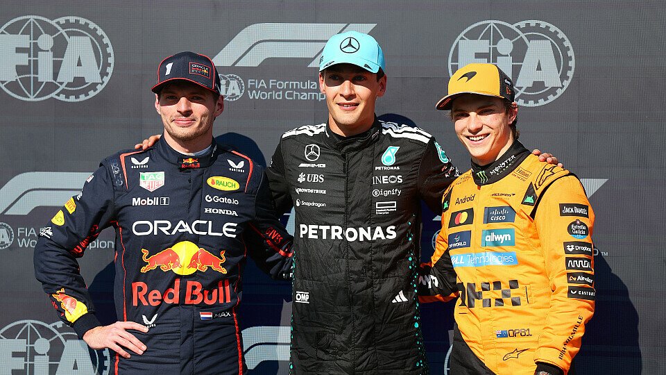 Qualifying Top-3: Max Verstappen (Red Bull), Polesetter George Russell (Mercedes) und Oscar Piastri (McLaren) im Parc Ferme Qualifying Top-3: Max Verstappen (Red Bull), Polesetter George Russell (Mercedes) und Oscar Piastri (McLaren) im Parc Ferme