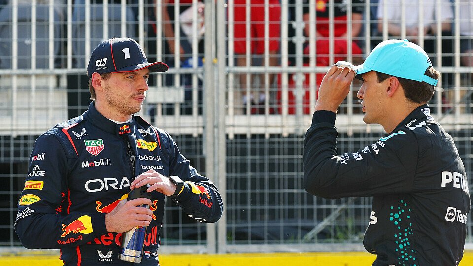 Max Verstappen (Red Bull) und Polesetter George Russell (Mercedes) im Parc Ferme
