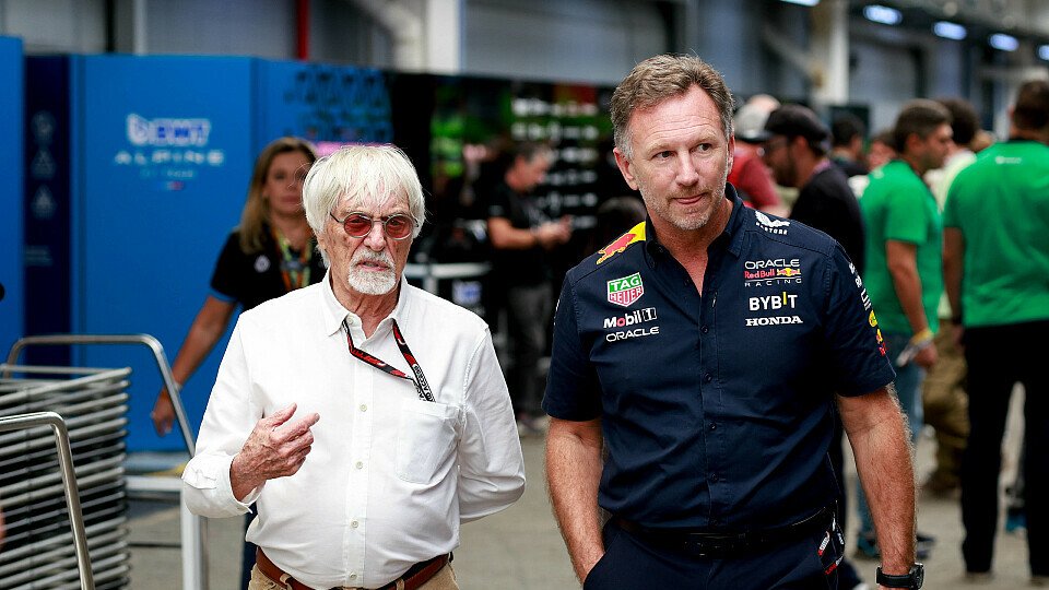 Bernie Ecclestone und Christian Horner (Red Bull) Paddock beim Formel-1-GP in Sao Paulo (Brasilien) 2023.