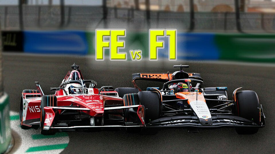 Eine Fotomontage von einem Formel-E-Auto und einem Formel-1-Auto gemeinsam auf der Strecke Eine Fotomontage von einem Formel-E-Auto und einem Formel-1-Auto gemeinsam auf der Strecke