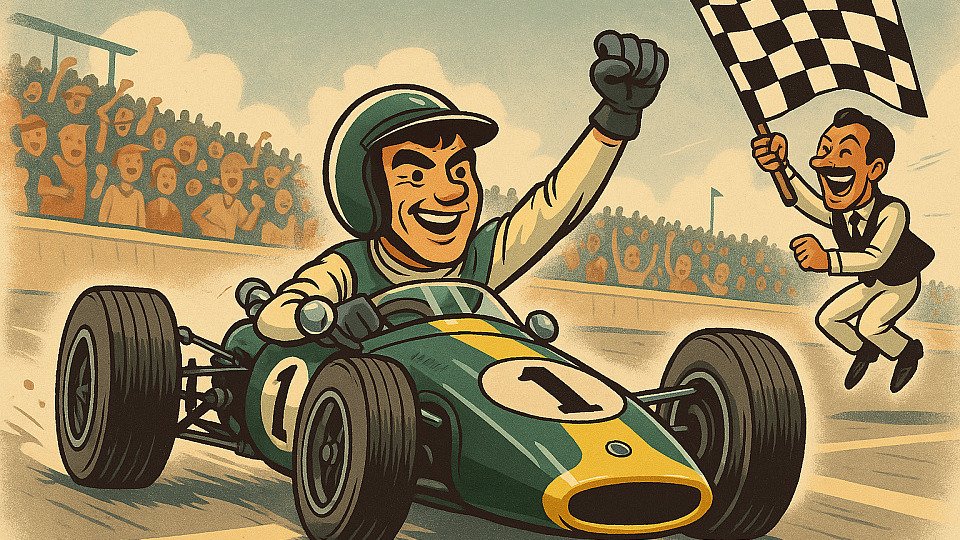 Colin Chapman feiert mit Zielflagge Sieger Jim Clark 