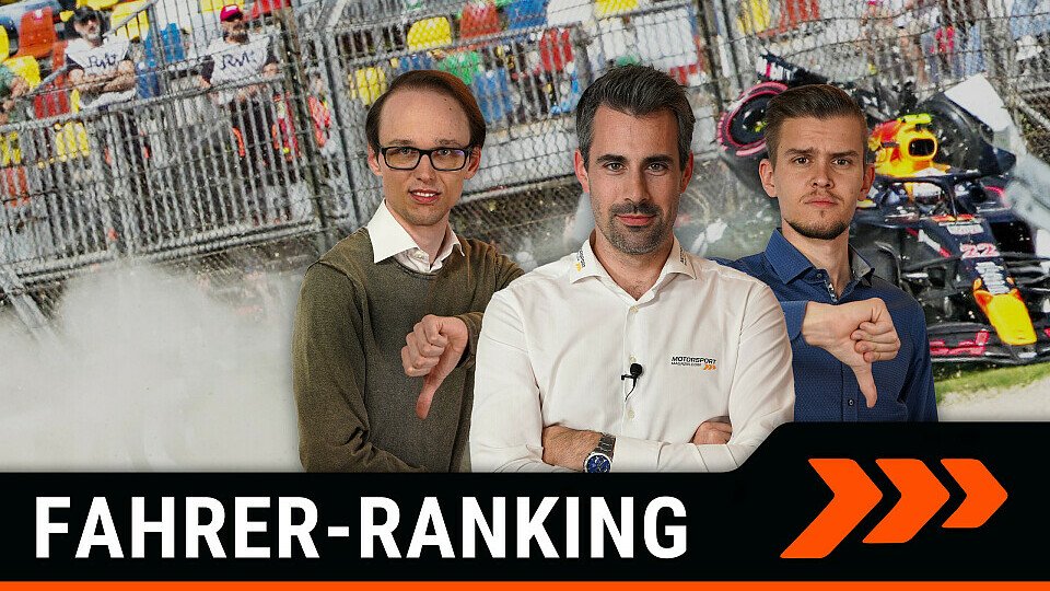 Die MSM-Redakteure Markus Steinrisser, Christian Menath und Florian Niedermair vor einem crashenden Yuki Tsunoda