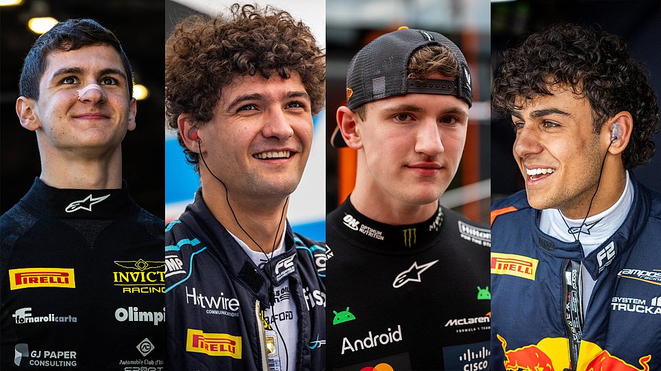 Fotocollage der F2-Fahrer Leonardo Fornaroli, Jak Crawford, Alex Dunne und Arvid Lindblad Fotocollage der F2-Fahrer Leonardo Fornaroli, Jak Crawford, Alex Dunne und Arvid Lindblad