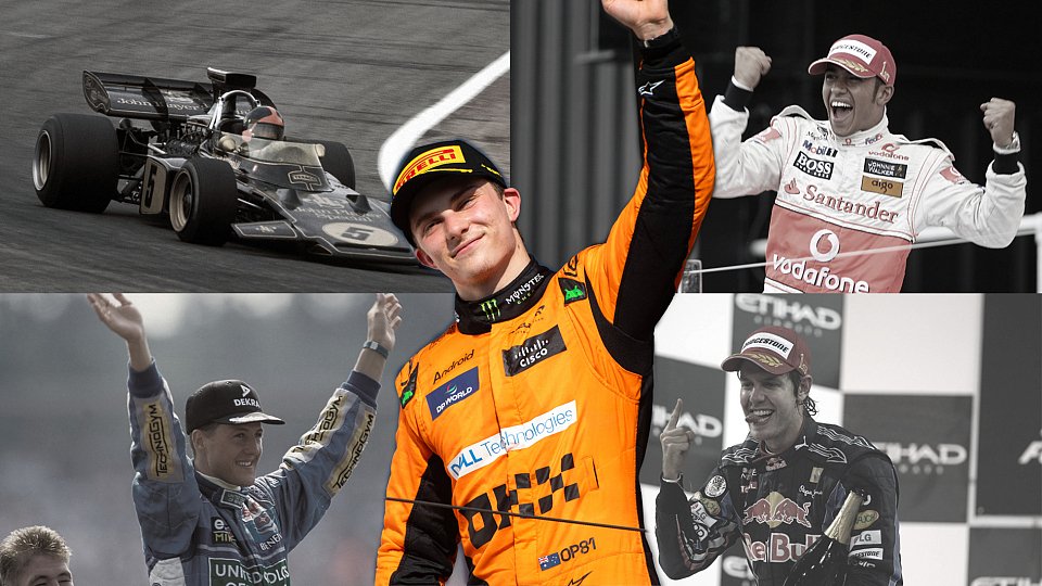 Bildmontage von Oscar Piastri mit Emerson Fittipaldi, Lewis Hamilton, Michael Schumacher und Sebastian Vettel im Hintergrund