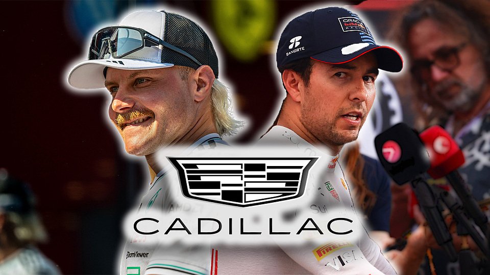Portraits von Valtteri Bottas und Sergio Perez hinter einem Cadillac-Logo
