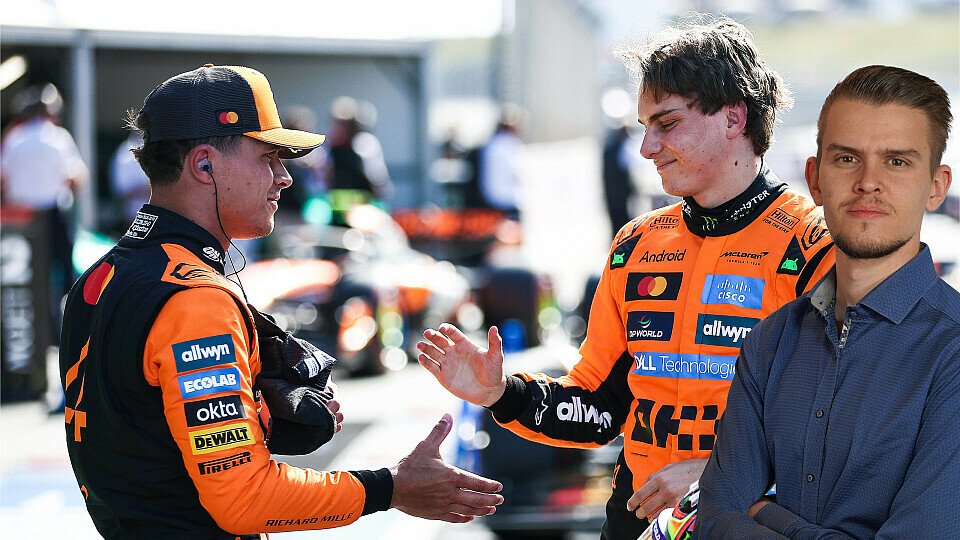 MSM-Redakteur Florian Niedermair im Vordergrund; Im Hintergrund: Oscar Piastri und Lando Norris (McLaren) im Parc Ferme
