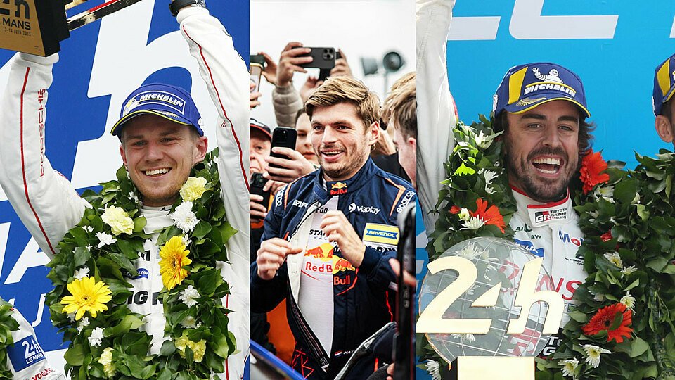 Die Le-Mans-Sieger Nico Hülkenberg und Fernando Alonso links und rechts neben Max Verstappen