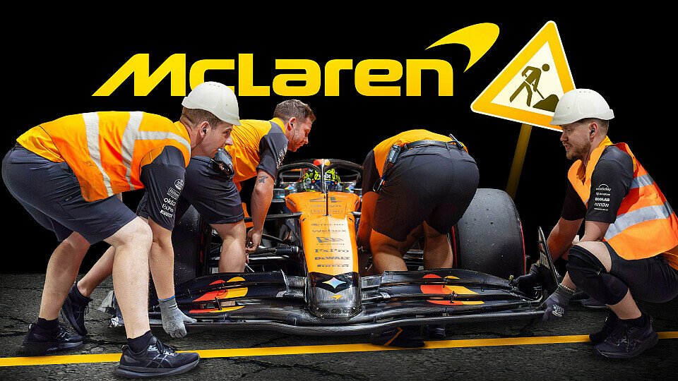McLaren-Mechaniker machen Boxenstopp mit einem Formel-1-Auto – humorvolles Baustellenmotiv mit McLaren-Logo