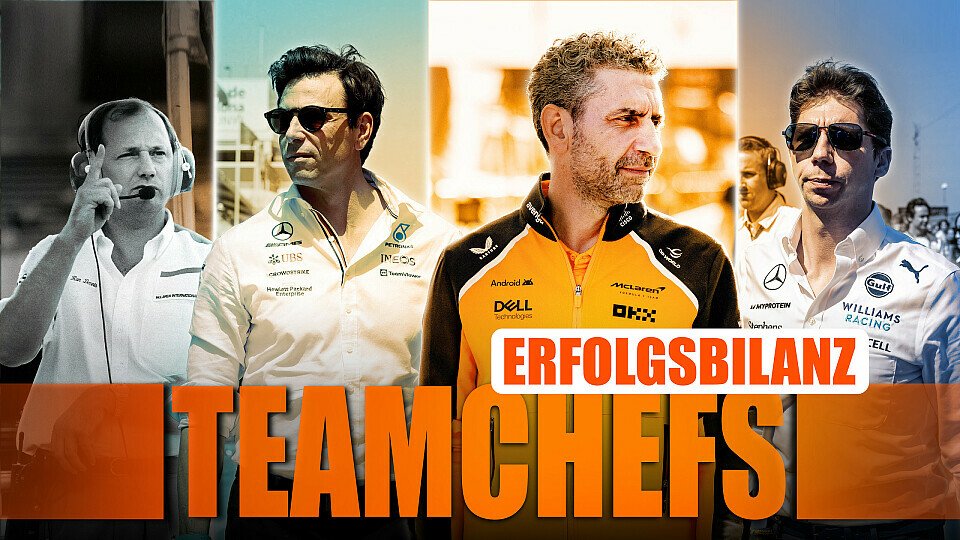 Formel-1-Teamchefs, Andrea Stella, Toto Wolff, James Volwes und Ron Dennis im Porträt mit Schriftzug Erfolgsbilanz Teamchefs Formel-1-Teamchefs, Andrea Stella, Toto Wolff, James Volwes und Ron Dennis im Porträt mit Schriftzug Erfolgsbilanz Teamchefs