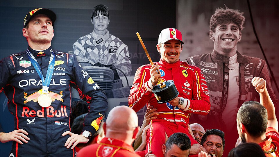 Formel-1-Fahrer von Red Bull und Ferrari feiern Podium, im Hintergrund Familienfotos Formel-1-Fahrer von Red Bull und Ferrari feiern Podium, im Hintergrund Familienfotos