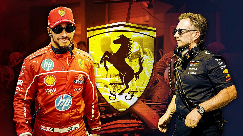 Lewis Hamilton und Christian Horner vor dem Ferrari-Log Lewis Hamilton und Christian Horner vor dem Ferrari-Log