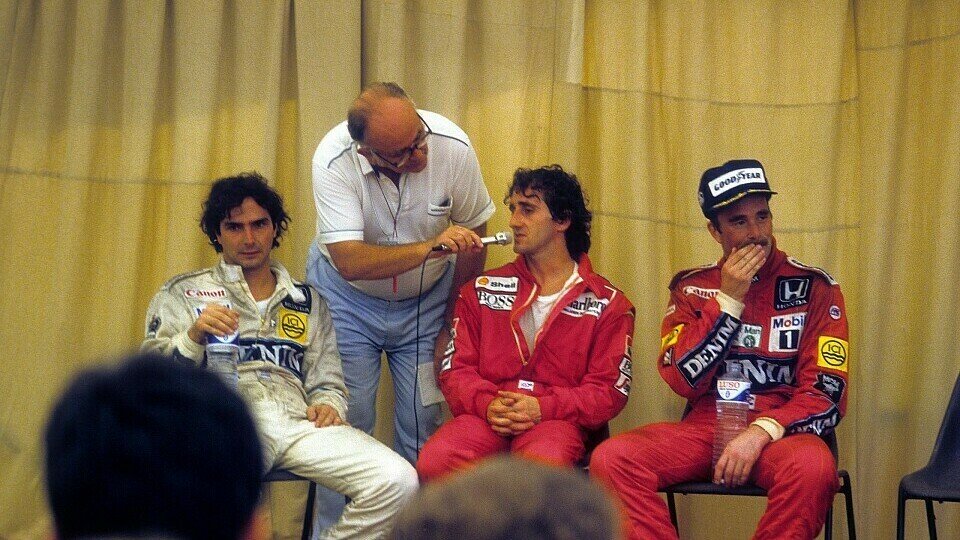 1986 Pressekonferenz in Estoril mit Nelson Piquet, Alain Prost und Nigel Mansell