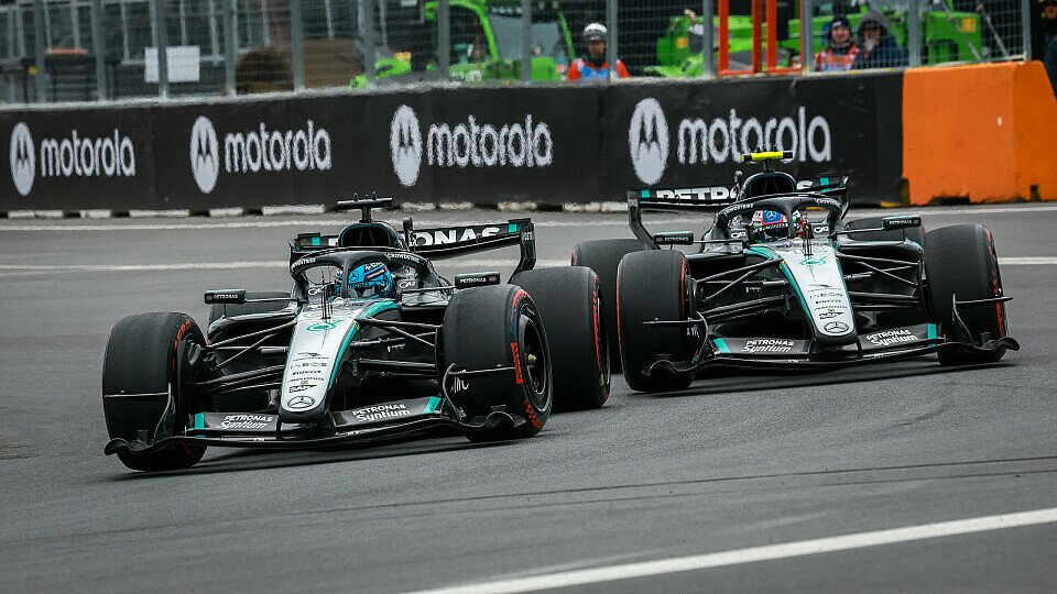 George Russell und Kimi Antonelli (beide Mercedes) beim Rennen der Formel 1 in Kanada (Montreal) 2026 im direkten Duell George Russell und Kimi Antonelli (beide Mercedes) beim Rennen der Formel 1 in Kanada (Montreal) 2026 im direkten Duell